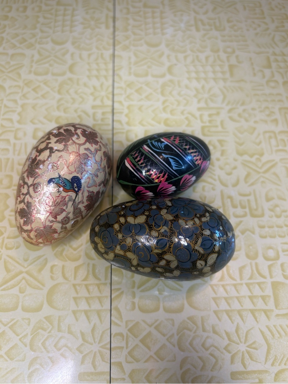 Vintage Hand-Painted Decorative Egg Trio - Floral & Bird Designs